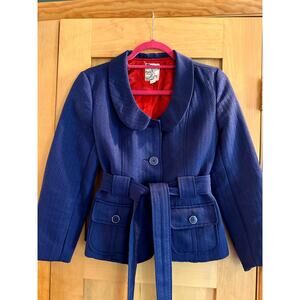 ANTHROPOLOGIE TULLE Belted Jacket Blue Red Size Small Herringbone Retro Twee